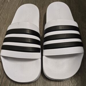 Adidas White Slides with Black Stripes